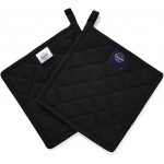 Encasa XO Heat Resistant Cotton Pot Holders with Hanging Loop - Set of 2 - Full Black - Multipurpose Quilted Everyday Hot Pad for Kitchen, Camping, BBQ & Microwave - 8x8 in