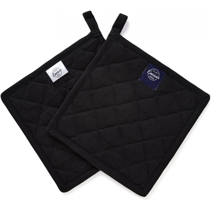 Encasa XO Heat Resistant Cotton Pot Holders with Hanging Loop - Set of 2 - Full Black - Multipurpose Quilted Everyday Hot Pad for Kitchen, Camping, BBQ & Microwave - 8x8 in