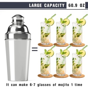 60oz Cocktail Shaker, Stainless Steel Large Drink Mixer Shaker with Cocktail Strainer, Zikepa Professional Shakers Bartending Margarita Martini