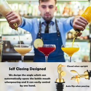 WAFJAMF Weighted Stainless Steel Bottle Pourers, Auto Flip Feature Self Closing Olive Oil Dispenser Spout with 1 Cleaning Brush, Liquor Pour Spouts for Pours Liquid, Olive Oil, Wine(Gold)