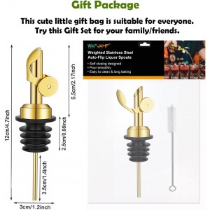 WAFJAMF Weighted Stainless Steel Bottle Pourers, Auto Flip Feature Self Closing Olive Oil Dispenser Spout with 1 Cleaning Brush, Liquor Pour Spouts for Pours Liquid, Olive Oil, Wine(Gold)