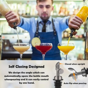 Weighted Stainless Steel Bottle Pourers, Auto Flip Feature Self Closing Olive Oil Dispenser Spout with 1 Cleaning Brush, Liquor Pour Spouts for Pours Liquid, Olive Oil, Wine, Vinegar (Black)