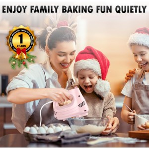 Electric Hand Mixer with Stainless Steel Whisk, Dough Hook Attachment and Storage Bag, Handheld Mixer for Baking Cakes, Eggs, Cream Food Mixers. Turbo Boost /5 Speed Kitchen Blender PINK