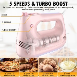 Electric Hand Mixer with Stainless Steel Whisk, Dough Hook Attachment and Storage Bag, Handheld Mixer for Baking Cakes, Eggs, Cream Food Mixers. Turbo Boost /5 Speed Kitchen Blender PINK