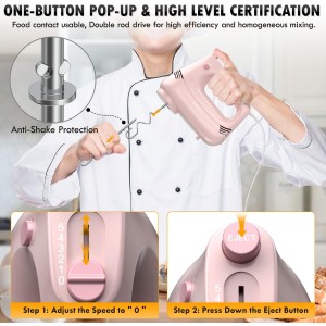 Electric Hand Mixer with Stainless Steel Whisk, Dough Hook Attachment and Storage Bag, Handheld Mixer for Baking Cakes, Eggs, Cream Food Mixers. Turbo Boost /5 Speed Kitchen Blender PINK