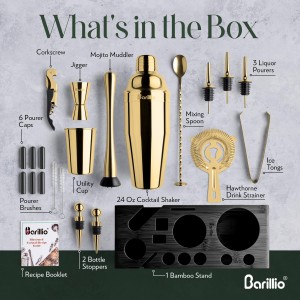 Barillio Gold Bartender Kit - Stainless-Steel Cocktail Shaker Set w/Black Bamboo Stand - Mixology Bar Tools w/Drink Shaker, Mixer, and Muddler for Cocktails - Home Bar Accessories - 23-Pc Bar Set
