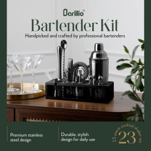 Barillio Black Bartender Kit - Stainless-Steel Cocktail Shaker Set w/Black Bamboo Stand - Mixology Bar Tools w/Drink Shaker, Mixer and Muddler for Cocktails - Home Bar Accessories - 23-Pc Bar Set
