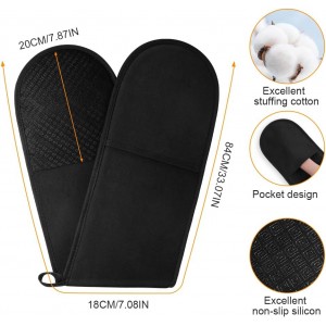 AUAUY Black Double Oven Mitts, 250°C/482°F Heat Resistant BBQ Mittens with Ropes, Silicone Non-Slip Design Kitchen Mittens, Cooking Glove Top Kitchen Gadgets for Cooking Baking Grilling