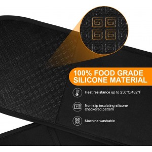 AUAUY Black Double Oven Mitts, 250°C/482°F Heat Resistant BBQ Mittens with Ropes, Silicone Non-Slip Design Kitchen Mittens, Cooking Glove Top Kitchen Gadgets for Cooking Baking Grilling