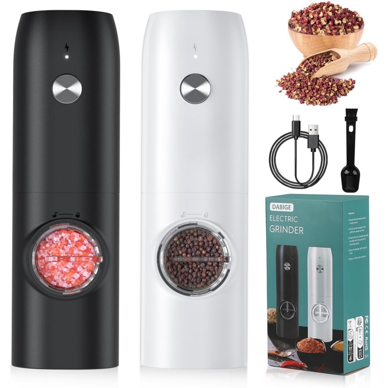 Electric Salt and Pepper Grinder Set (2 Pack), USB Rechargeable One Hand Operation, Adjustable Coarseness Mill Grinders Shakers LED Light, Automatic Pepper Grinder for Kitchen Gadgets Gifts