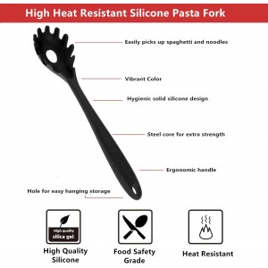 Spaghetti Spoon Pasta Fork,Silicone Pasta Fork,11.2 inch Spaghetti Strainer Kitchen High Heat Resistant Noodle Spoon Server,Food Grade Pasta Spoon with Stainless Steel Handle,BPA Free (Black)