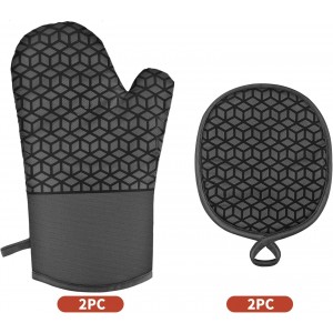 Oven Mitts and Pot Holders,500 ℉ Heat Resistant Oven Mitts Sets,Silicone Oven Gloves, Non-Slip Silicone Textured Grip,Black