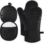 Oven Mitts and Pot Holders,500 ℉ Heat Resistant Oven Mitts Sets,Silicone Oven Gloves, Non-Slip Silicone Textured Grip,Black