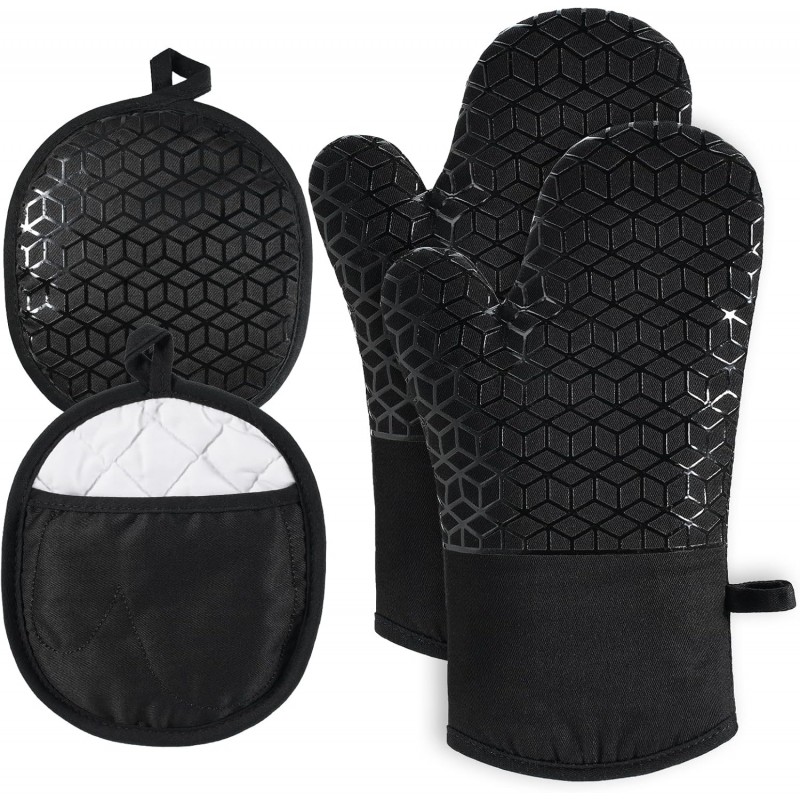 Oven Mitts and Pot Holders,500 ℉ Heat Resistant Oven Mitts Sets,Silicone Oven Gloves, Non-Slip Silicone Textured Grip,Black