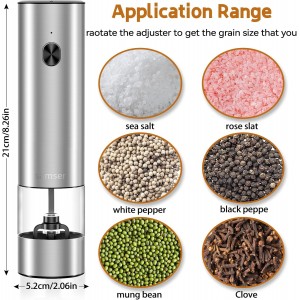 Electric Pepper Grinder & Salt Mill - Battery Operated Stainless Steel Body with Transparent Container LED Light One-Hand Operation Push-Button Switch Adjustable Coarseness Easy Refill & Clean