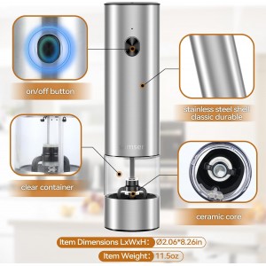 Electric Pepper Grinder & Salt Mill - Battery Operated Stainless Steel Body with Transparent Container LED Light One-Hand Operation Push-Button Switch Adjustable Coarseness Easy Refill & Clean