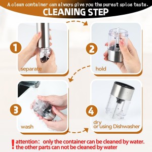 Electric Pepper Grinder & Salt Mill - Battery Operated Stainless Steel Body with Transparent Container LED Light One-Hand Operation Push-Button Switch Adjustable Coarseness Easy Refill & Clean