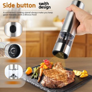 Electric Pepper Grinder & Salt Mill - Battery Operated Stainless Steel Body with Transparent Container LED Light One-Hand Operation Push-Button Switch Adjustable Coarseness Easy Refill & Clean