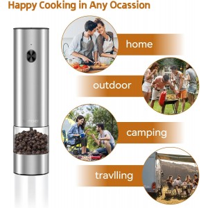 Electric Pepper Grinder & Salt Mill - Battery Operated Stainless Steel Body with Transparent Container LED Light One-Hand Operation Push-Button Switch Adjustable Coarseness Easy Refill & Clean