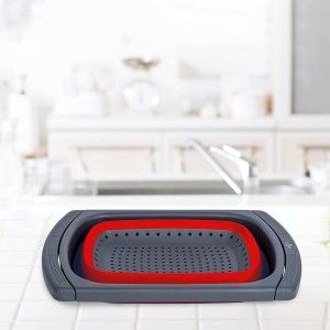 Collapsible Colander Strainer with Extendable Handles - Over the Sink Vegetable/Fruit Colanders Strainers for Kitchen, Capacity of 6 quart (Red)
