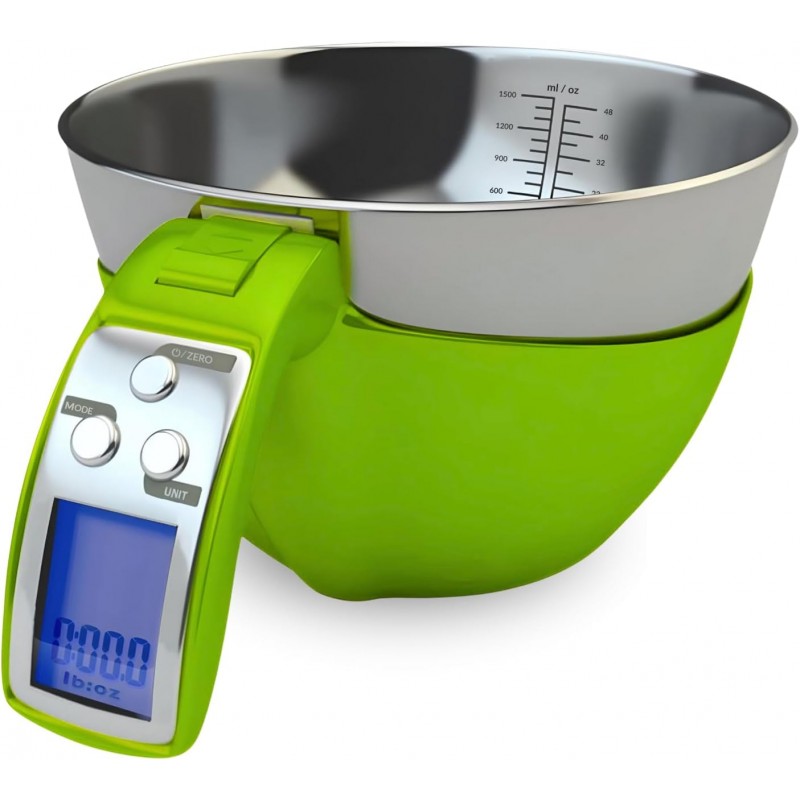 Fradel Digital Kitchen Food Scale with Bowl - 11lb, Grams & Ounces - Removable, Dishwasher-Safe Mixing Bowl - Green