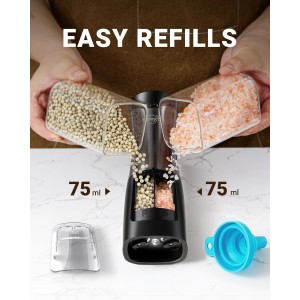 Sangcon Electric Salt and Pepper Grinder Set Shakers 2 IN 1 - USB RECHARGEABLE Salt and Pepper Mill Set All in One, Automatic Refillable Adjustable Coarseness Ceramic Grinder with Light