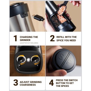 Sangcon Electric Salt and Pepper Grinder Set Shakers 2 IN 1 - USB RECHARGEABLE Salt and Pepper Mill Set All in One, Automatic Refillable Adjustable Coarseness Ceramic Grinder with Light