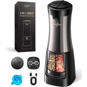 Sangcon Electric Salt and Pepper Grinder Set Shakers 2 IN 1 - USB RECHARGEABLE Salt and Pepper Mill Set All in One, Automatic Refillable Adjustable Coarseness Ceramic Grinder with Light