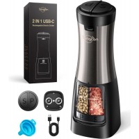 Sangcon Electric Salt and Pepper Grinder Set Shakers 2 IN 1 - USB RECHARGEABLE Salt and Pepper Mill Set All in One, Automatic Refillable Adjustable Coarseness Ceramic Grinder with Light