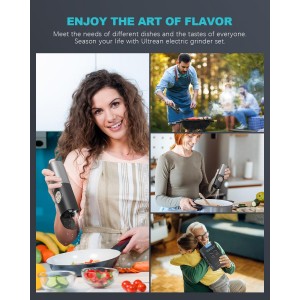 Ultrean Pepper Grinder, Rechargeable Gravity Salt and Pepper Grinder with 6 Adjustable Coarseness, LED Light, One-Hand Automatic Operation, Stainless Steel, Gifts for Father‘s Day