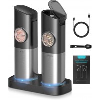 Ultrean Pepper Grinder, Rechargeable Gravity Salt and Pepper Grinder with 6 Adjustable Coarseness, LED Light, One-Hand Automatic Operation, Stainless Steel, Gifts for Father‘s Day