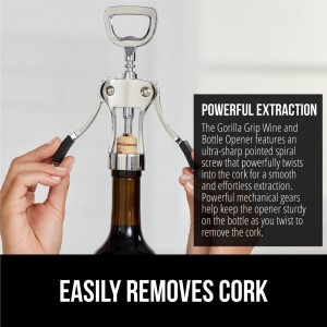 GORILLA GRIP BPA-Free Premium Wine Opener, Easy to Use Smooth Zinc Alloy Wing Corkscrew, Multifunctional Bottle Openers Remove Corks, Caps, Sharp Cork Screw, Dishwasher Safe, Bar Essentials, Black