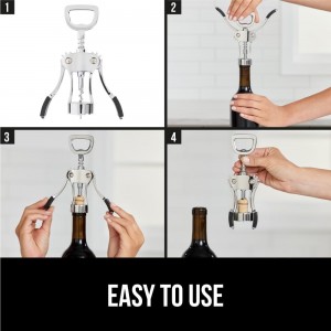 GORILLA GRIP BPA-Free Premium Wine Opener, Easy to Use Smooth Zinc Alloy Wing Corkscrew, Multifunctional Bottle Openers Remove Corks, Caps, Sharp Cork Screw, Dishwasher Safe, Bar Essentials, Black