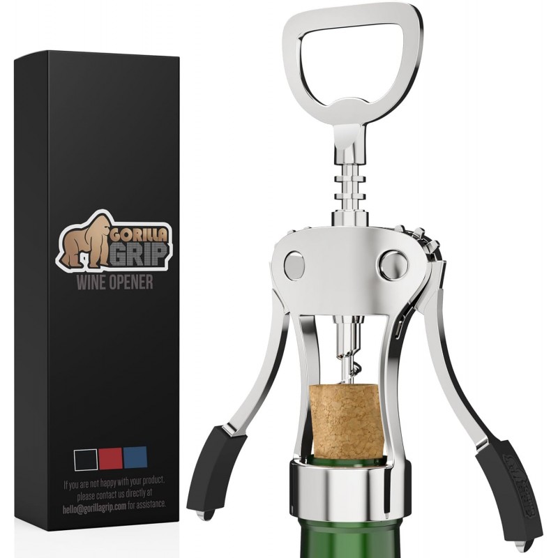 GORILLA GRIP BPA-Free Premium Wine Opener, Easy to Use Smooth Zinc Alloy Wing Corkscrew, Multifunctional Bottle Openers Remove Corks, Caps, Sharp Cork Screw, Dishwasher Safe, Bar Essentials, Black