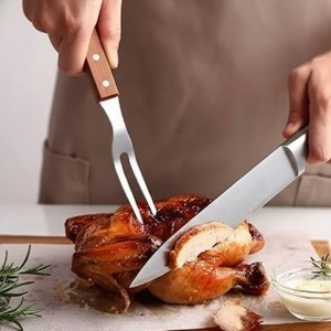 Soro Essentials- 13” Stainless Steel 2-Tine Meat Carving Fork with Wooden Handle Set of 2- Kitchen Cooking Fork BBQ Fork Grill Fork Steak Fork for Kitchen Barbecue Serving Cooking Grilling Roasting