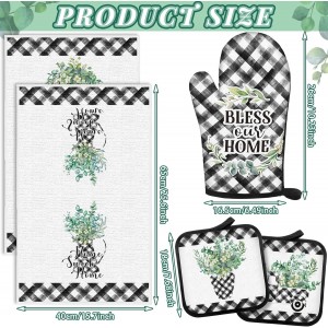 5 Pcs Buffalo Plaid Oven Mitts Pot Holders Dish Towels Set Including 2 Pcs Farmhouse Kitchen Towels 2 Pcs Potholders 1 Pcs Microwave Gloves for Kitchen Cooking (Eucalyptus)