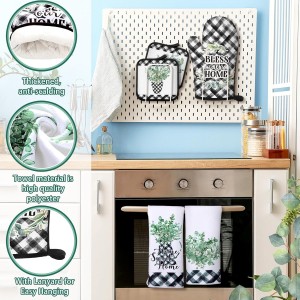 5 Pcs Buffalo Plaid Oven Mitts Pot Holders Dish Towels Set Including 2 Pcs Farmhouse Kitchen Towels 2 Pcs Potholders 1 Pcs Microwave Gloves for Kitchen Cooking (Eucalyptus)