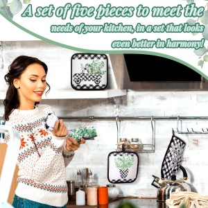 5 Pcs Buffalo Plaid Oven Mitts Pot Holders Dish Towels Set Including 2 Pcs Farmhouse Kitchen Towels 2 Pcs Potholders 1 Pcs Microwave Gloves for Kitchen Cooking (Eucalyptus)