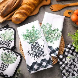 5 Pcs Buffalo Plaid Oven Mitts Pot Holders Dish Towels Set Including 2 Pcs Farmhouse Kitchen Towels 2 Pcs Potholders 1 Pcs Microwave Gloves for Kitchen Cooking (Eucalyptus)