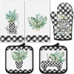 5 Pcs Buffalo Plaid Oven Mitts Pot Holders Dish Towels Set Including 2 Pcs Farmhouse Kitchen Towels 2 Pcs Potholders 1 Pcs Microwave Gloves for Kitchen Cooking (Eucalyptus)