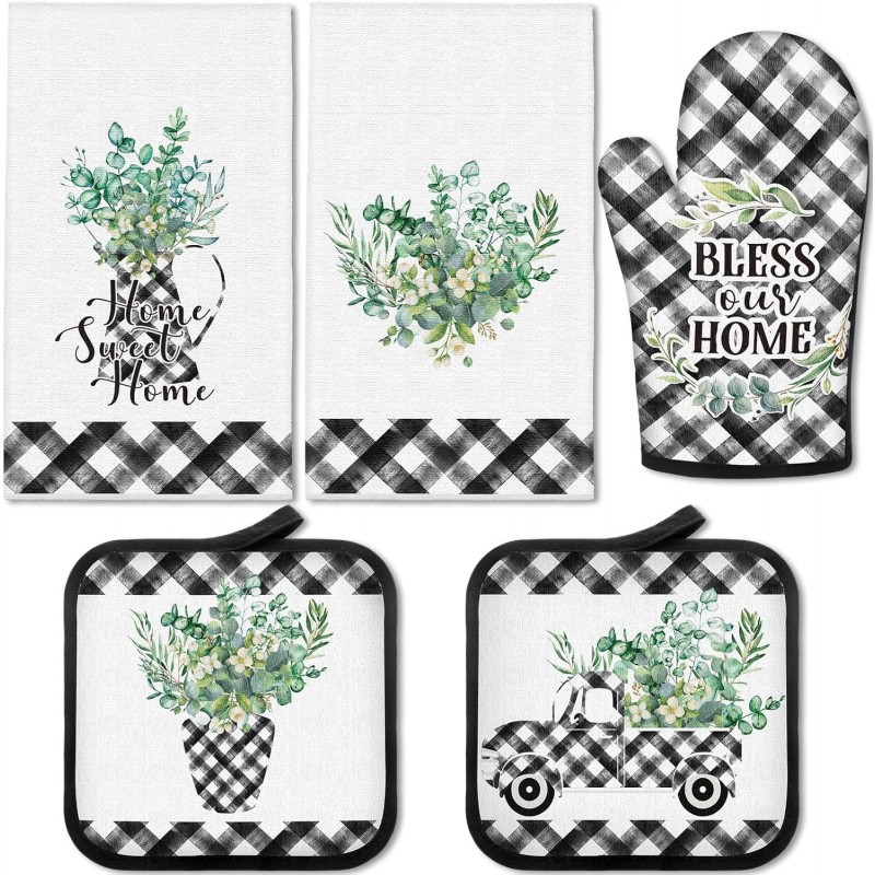 5 Pcs Buffalo Plaid Oven Mitts Pot Holders Dish Towels Set Including 2 Pcs Farmhouse Kitchen Towels 2 Pcs Potholders 1 Pcs Microwave Gloves for Kitchen Cooking (Eucalyptus)