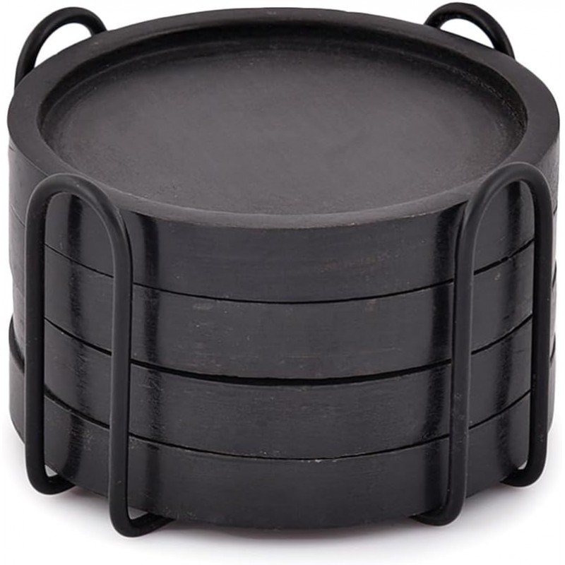 NIRMAN Wooden Coasters for Drinks Coffee Table, Round Drink Coasters with Holder for Tabletop Protection, Set of 4 (4