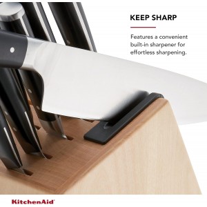 KitchenAid Gourmet Forged Triple Rivet Knife Block Set with Built-in Knife Sharpener, High Carbon Japanese Stainless Steel Kitchen Knives, Sharp Kitchen Knife Set with Block, Birchwood, 14-Piece