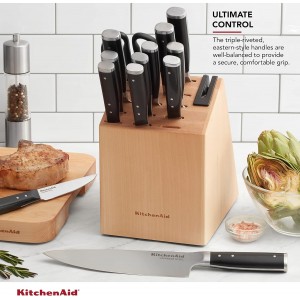 KitchenAid Gourmet Forged Triple Rivet Knife Block Set with Built-in Knife Sharpener, High Carbon Japanese Stainless Steel Kitchen Knives, Sharp Kitchen Knife Set with Block, Birchwood, 14-Piece