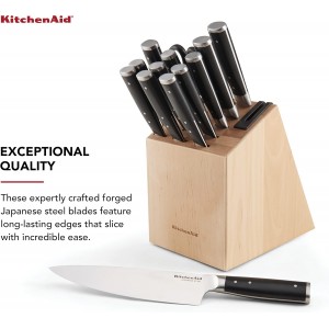 KitchenAid Gourmet Forged Triple Rivet Knife Block Set with Built-in Knife Sharpener, High Carbon Japanese Stainless Steel Kitchen Knives, Sharp Kitchen Knife Set with Block, Birchwood, 14-Piece