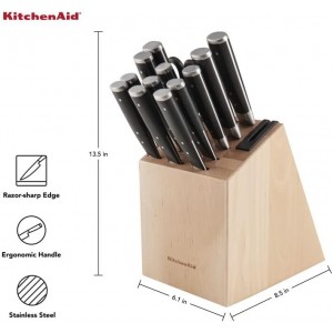 KitchenAid Gourmet Forged Triple Rivet Knife Block Set with Built-in Knife Sharpener, High Carbon Japanese Stainless Steel Kitchen Knives, Sharp Kitchen Knife Set with Block, Birchwood, 14-Piece