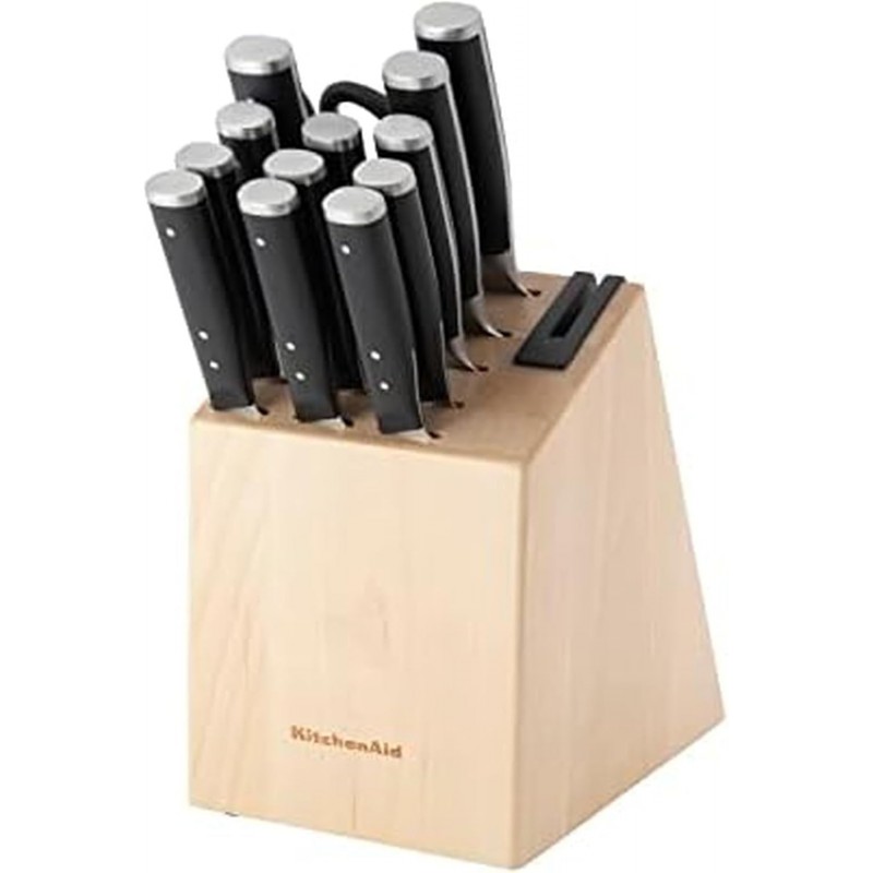 KitchenAid Gourmet Forged Triple Rivet Knife Block Set with Built-in Knife Sharpener, High Carbon Japanese Stainless Steel Kitchen Knives, Sharp Kitchen Knife Set with Block, Birchwood, 14-Piece