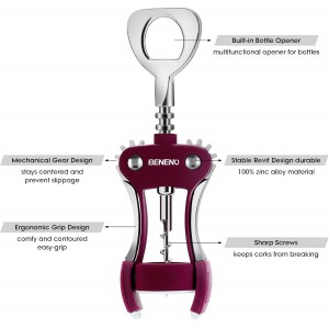 Beneno Wine Opener, Zinc Alloy Premium Wing Corkscrew with Multifunctional Bottles Opener, Sharp Wine Corkscrew with Ergonomic Non-Slip Wing Handle, Purple