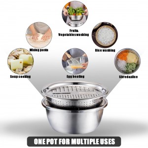 Slowtee 3 in 1 Stainless Steel Grater Shredder Slicer with Colander Drain Basin Bowl for Vegetables Fruits Salad as Washing Basket in Kitchen