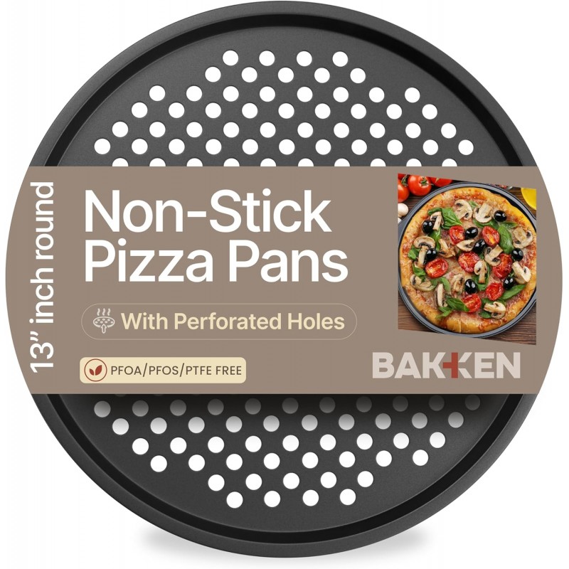 Non-Stick Pizza Pan with Holes - 13-Inch Perforated Pizza Crisper Carbon Steel Pizza Pan - 1 Round Pizza Trays PFOA PFOS and PTFE Free